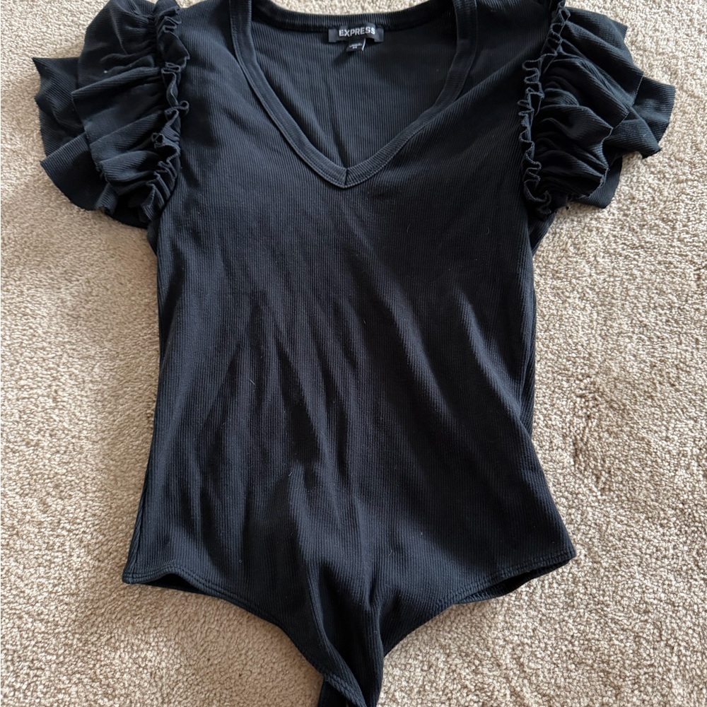 Express Black Ruffled Sleeve V-Neck Bodysuit